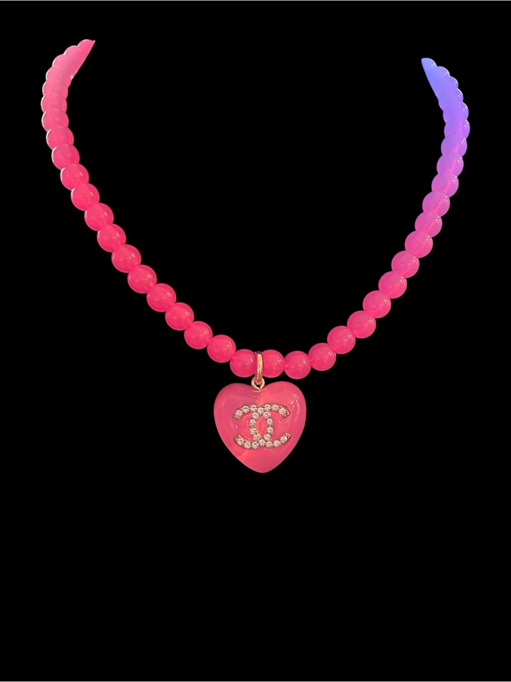 Hot Pink Beaded Heart Pendant Necklace-FASHION JEWELRY